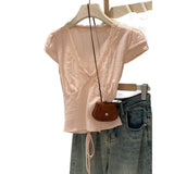 French Romantic Style V-Neck Short-Sleeved T-Shirt For Women's Spring New Lace Tie With Slim Top