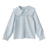 College Style Sweet Doll Collar Splicing Wooden Ear Lace Waffle Long-Sleeved Shirt Top Female Loose Type