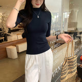 Korean Wearing Oat Color Mid-Sleeve T-Shirt Women's Early Summer 2026 New Explosive Dress Half-High Five-Sleeve Top