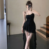 Pure Lusty Black Sling Dress Women's Summer Irregular Thin Short Skirt Niche Waist Lotus Leaf-Side Skirt