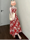 French Red Floral Sling With A Tie Dress Women's Summer 2026 New Beautiful Beautiful Seaside Dress