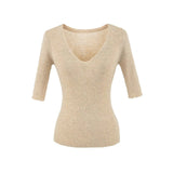 Pure Lust Wind Sexy V-Neck Slim Thin Five-Sleeved Knitted Shirt Girls Summer Solid Color Repair Inside The Bottom Top