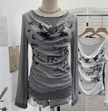 Real Shooting Sweet Cool Y2k Butterfly Print Fake Two Striped Long-Sleeved T-Shirt T-Shirt T-Shirt T-Shirt T-Shirt 27753