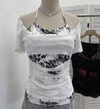 Real Shooting Two Hit Color Cut Rivet Tie With Chest Pad Short-Sleeved T-Shirt 28191