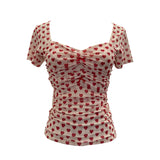 Love Print Small Bow Net Collar Folded Body Elastic Short-Sleeved T-Shirt 28313