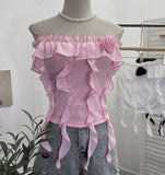 Real Shooting Pure Wind Lotus Leaf Side With A Word Shoulder Bra Small Vest Short Three-Dimensional Flowers Sleeveless Top 8856
