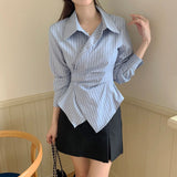 2025 New Fashion Design Irregular Waist Long Sleeves Thin Leisure With Short Striped Shirt Top