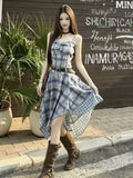 Xinjiang Yunnan Holiday Tourism Wearing Skirt Irregular Lattice Dress Women's Summer Slings Long Skirt
