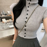 Temperament Slime Collar Single Buckle Top Autumn And Winter New Korean Sleeveless Knitted T-Shirt Women Ins