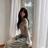 Autumn And Winter New Temperament Collar Open Shoulder Collar Soging Two Pure Lust Long-Sleeved T-Shirt Girl Ins