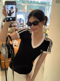 Black V-Neck Lace Short-Sleeved T-Shirt For Women's Summer 2026 New Slimming Sports Hottie Style Sexy Blouse