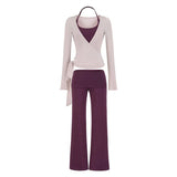 Ballet Style Bottom Hanging Neck Sling + Long Sleeve With Open Shirt + Lateral Waist Hanging Micro-Horn Pants Three-Piece Set Of Women