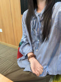 Autumn 2025 New Popular Commuter Striped ShirtŮat Fashion T-Shirt With Bow Shirt Top