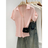 Pink V-Neck Shoulder-Repair Short-Sleeved T-Shirt For Girls Summer 2026 New Collared Little Hottie Top