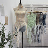 Real Shot With Hanging Neck Flower Braid Vest Dye Mesh Irregular Lace Ribbon Sleeveless Top 1596