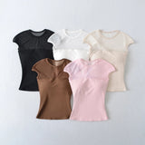 Temperament Sexy Mesh Splicing Round Neck Short-Sleeved T-Shirt Girl Summer Hottie Waist Slimming On The Bottom