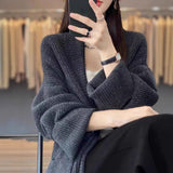 Autumn And Winter New French Collar Long Loose Cardigan Female Solid Color Gentle Lazy Knit Sweater Jacket