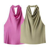 Spring New Sleeveless Silk Stise-Sensitive Hanging Neck Collar Top 2231399