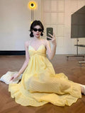 Pure-Want Retro Design Irregularly Exposed Back Yellow Slings Long Skirt Atmosphere Feel Holiday Wind Beach Skirt