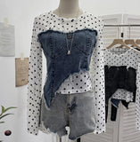 Po Point Mesh Splicing Irregular Raging Denim Long-Sleeved T-Shirt Short Slim Top 2617