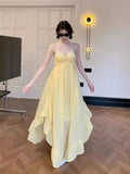 Pure-Want Retro Design Irregularly Exposed Back Yellow Slings Long Skirt Atmosphere Feel Holiday Wind Beach Skirt