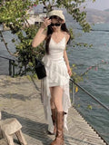 French White Irregular Lace Sling Dress Women's Summer Seaside Vacation Waist Thin Open Fork Long Skirt