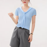 Grey Ribbon Strap Ice Silk Short-Sleeved Knitted Shirt Summer 2025 New Body-Cuff Hollow Shirt Solid Color Top