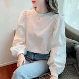 French White Long-Sleeved Shirt Shirt Lady Lantern Sleeve Top 2025 New Fashion Premium Ocean