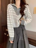 Autumn And Winter Languid Soft-Crelenting Short-Sleeved Knitted Shirt Half-Zip Striped Collar Sweater