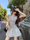Vintage Spliced Polo Collar Dress Slim Thin Short Sleeves Ponky Short Skirt Women Spring And Summer