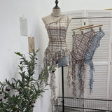 Real Shooting Retro Lattice Hot Diamond Slant Shoulder Vest Summer Irregular Net Yarn Side Hottie Sleeveless Top 8157