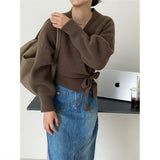 French Retro V Tie Loose Outer Knitted Cardigan Design Sweater Coat Femininity
