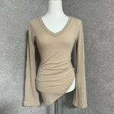 Temperament Comfortable Body Slim Slim Top Spring Dress New V-Neck Korean Side Open Fork Long-Sleeved T-Shirt Girl