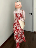 French Red Floral Sling With A Tie Dress Women's Summer 2026 New Beautiful Beautiful Seaside Dress