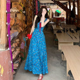Seaside Holiday Wind Blue Broken Flowers Hanging Dress Women Spring New Small Luxury Waist Thin Long Dress