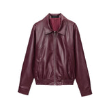 Summer New Retro Simple Collar Zipper Leather Coat Woman