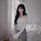 Autumn And Winter New Temperament Collar Open Shoulder Collar Soging Two Pure Lust Long-Sleeved T-Shirt Girl Ins