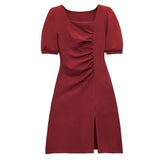 Oceanous Open Fork Short-Sleeved Dress Women 2025 Summer New Large-Size Design Feel Thin Belly A-Character Skirt
