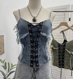 Real Shooting Cowboy Draw Rope Tie With Chest Vest Hair Side To Make Old Short Body Sleeveless Top Woman 2726