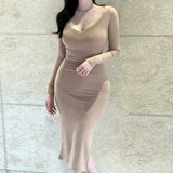 South Korea's Spring And Summer New Temperament V-Neck Body Show The Figure Of The Long Open Fork Long Sleeve Bottom Dress Woman