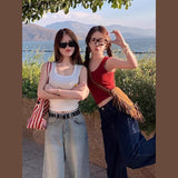 Blue Wide Shoulder Sling Vest Women With 2025 Summer New Outer Wear Side Cream Without Sleeves