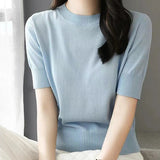 Short-Sleeved Knitted T-Shirt Women 2026 Summer New Solid Half-High Collar Chic High-Grade Ice Silk Black Top Thin