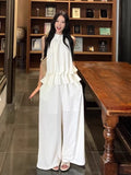 French Temperament Sleeveless Lotus Leaf Side Hanging Neck Vest Top Female Design Sense Loose Broad Legs Long Pants Set Summer