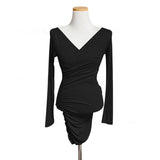 Sky Blue V-Neck Thread Cotton New Folded Waist Dress Long Sleeve Tight-Namped Thin-Bossed And Hip Skirt Short Skirt