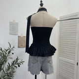Real Shooting Tight Skirt Swing Fluffy Fragrant Chest Vest Hanging Neck Ribbon Short Blouse Woman 8169