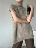 Futender Sweater Vest Women Early Autumn New Lazy Wind Lax Feeling High-Neck Imitation Sable Loose Sleeveless Top