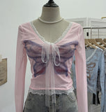 Solid Shot Micro-Permeable Mesh Butterfly Print Splicing Lace Hanging Neck Horn Long-Sleeved T-Shirt Repair Short Top 1286