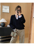 2025 Early Autumn New Korean Version Of The Fake Two-Colored Knitted Shirt Casual Temperament Commuting Long-Sleeved Sweater