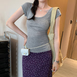 Korean Chic Pure Desire Thin U Collar Shoulder Short-Sleeved T-Shirt Women 2025 Summer New Slime T-Shirt