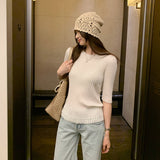 This Year's Popular Pit Strip Round-Neck Short-Sleeved Knitted Shirt Women 2025 Summer New Beautiful Summer Inside And Outside To Wear Clothes